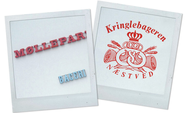Polaroid af gammelt logo for Kringlebageren og gammel facade-typografi