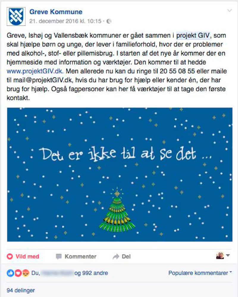 Skærmdump af facebookaktivitet for julekampagne på Ishøj kommunes hjemmeside. 994 likes og 94 delinger. delinger.