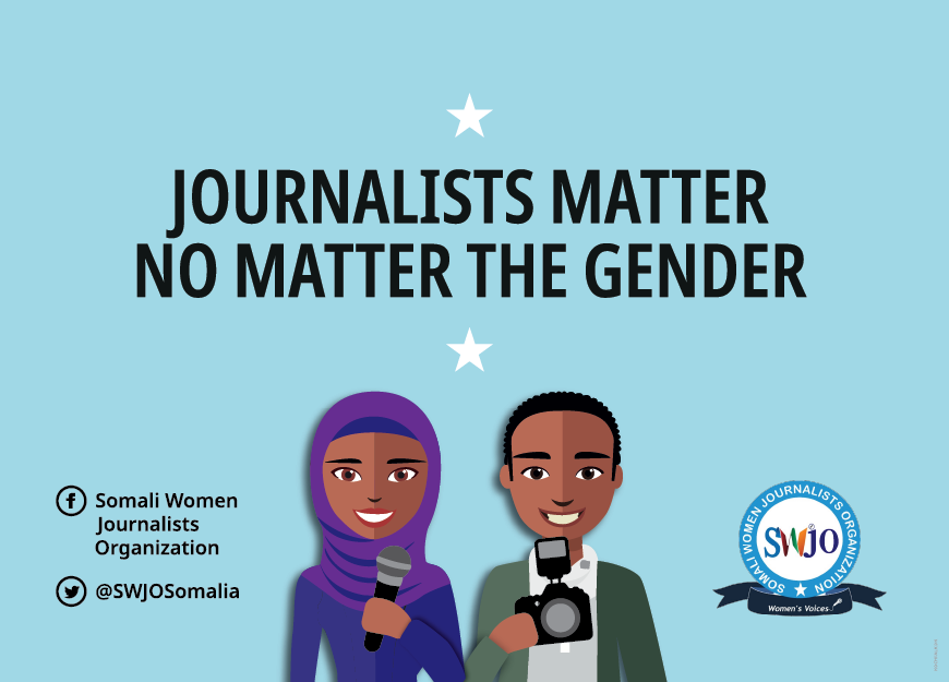Taxi-sticker – SWJO campaign. Flat graphic female and male journalist with the motto "Journalists matters no matter the gender".